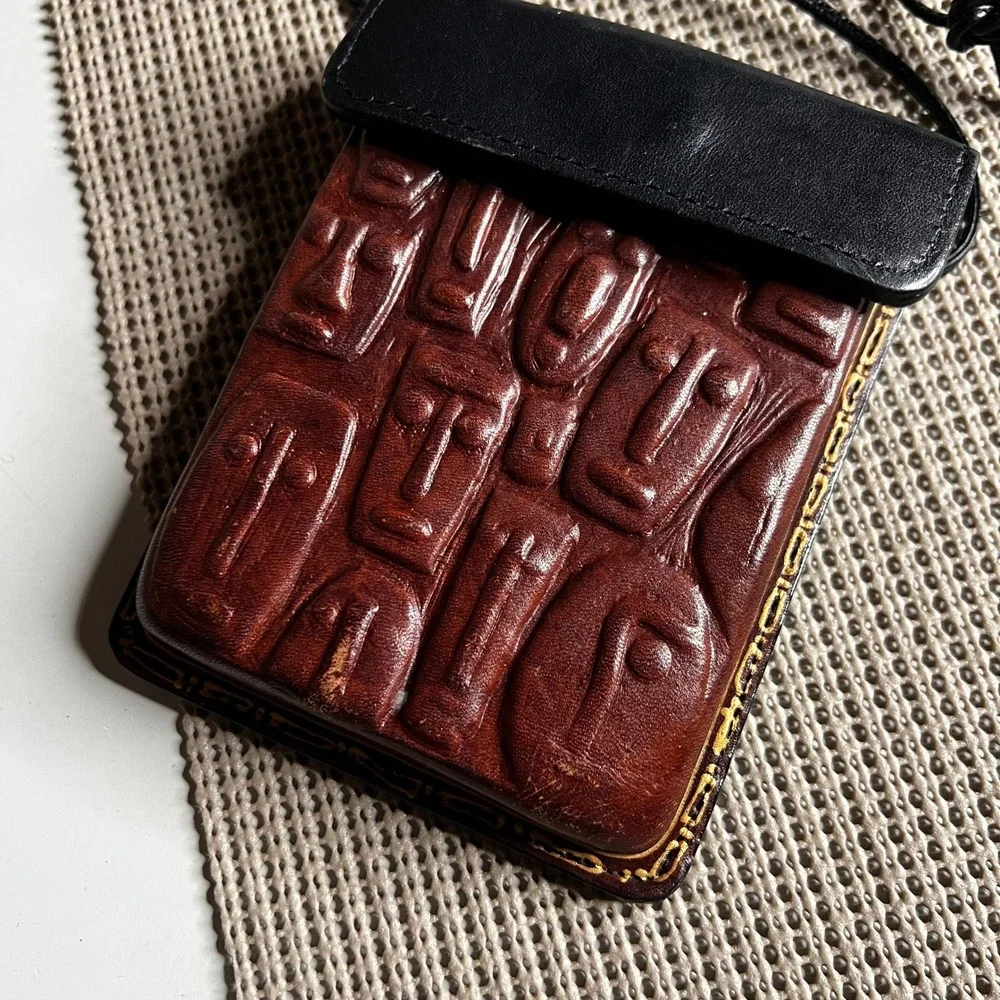 Vintage Embossed Face Leather Crossbody Phone Bag Neck Pouch Brown Black
